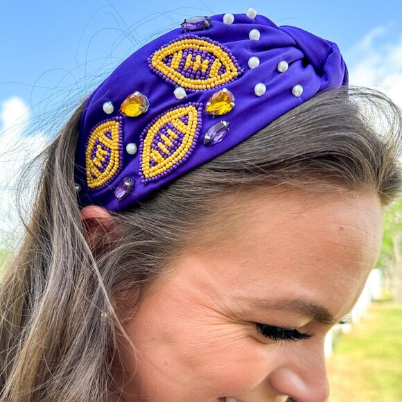 LSU College Football Crystal Seed Beaded Fabric Headband - Picture 5 of 5